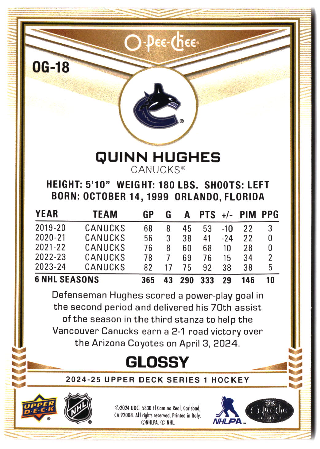 2024-25 Upper Deck #OG-18 Quinn Hughes O-Pee-Chee Glossy Gold