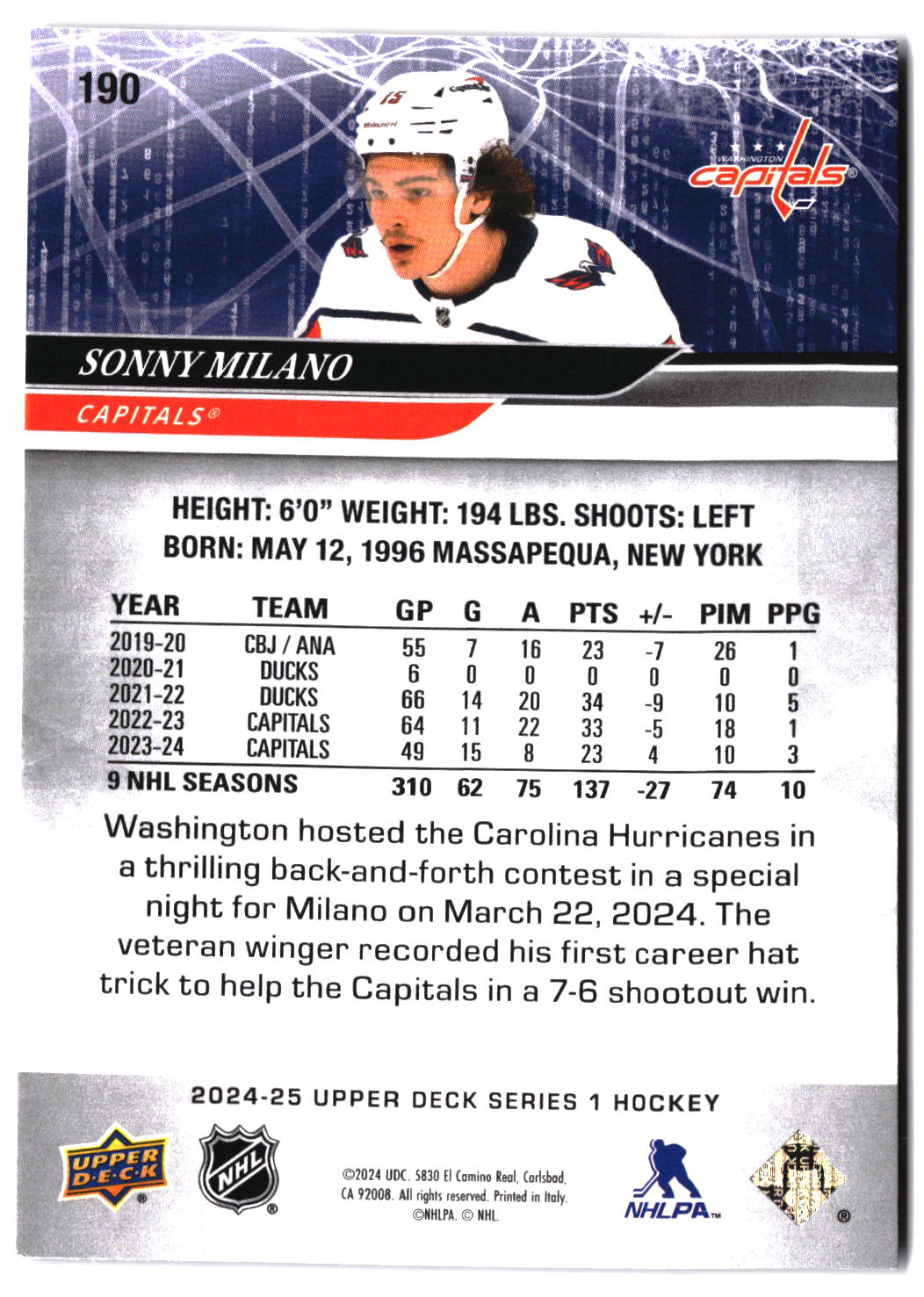 2024-25 Upper Deck #190 Sonny Milano