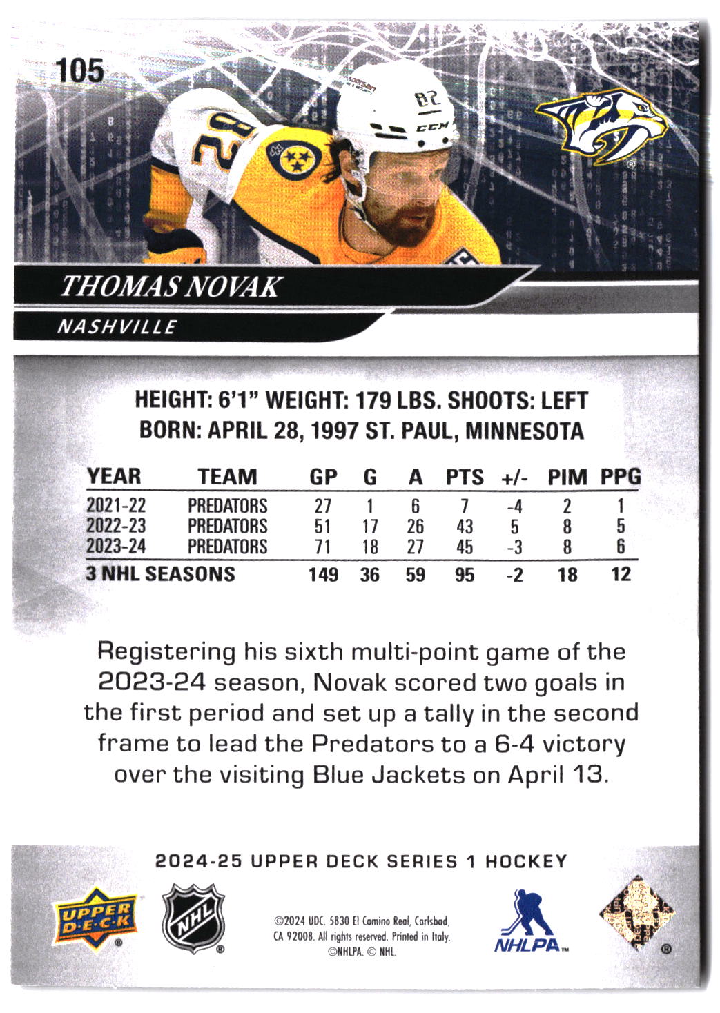 2024-25 Upper Deck #105 Thomas Novak