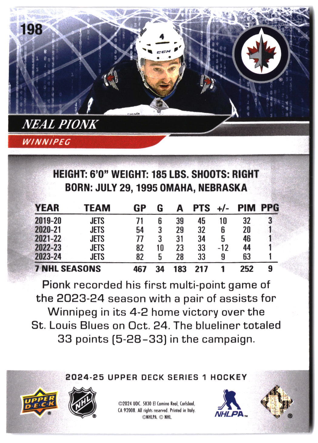 2024-25 Upper Deck #198 Neal Pionk