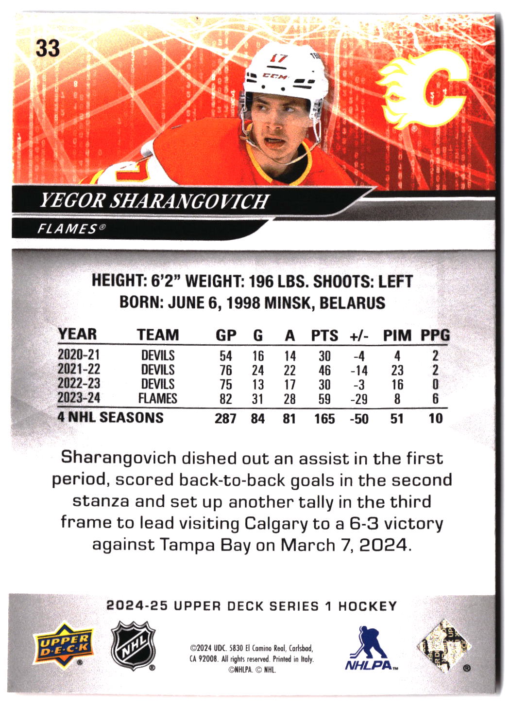 2024-25 Upper Deck #33 Yegor Sharangovich