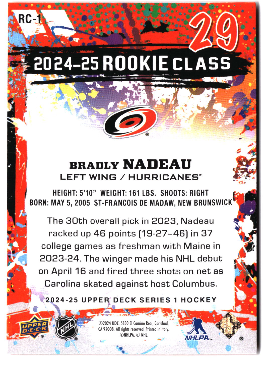 2024-25 Upper Deck #RC-1 Bradly Nadeau 2024-25 Rookie Class