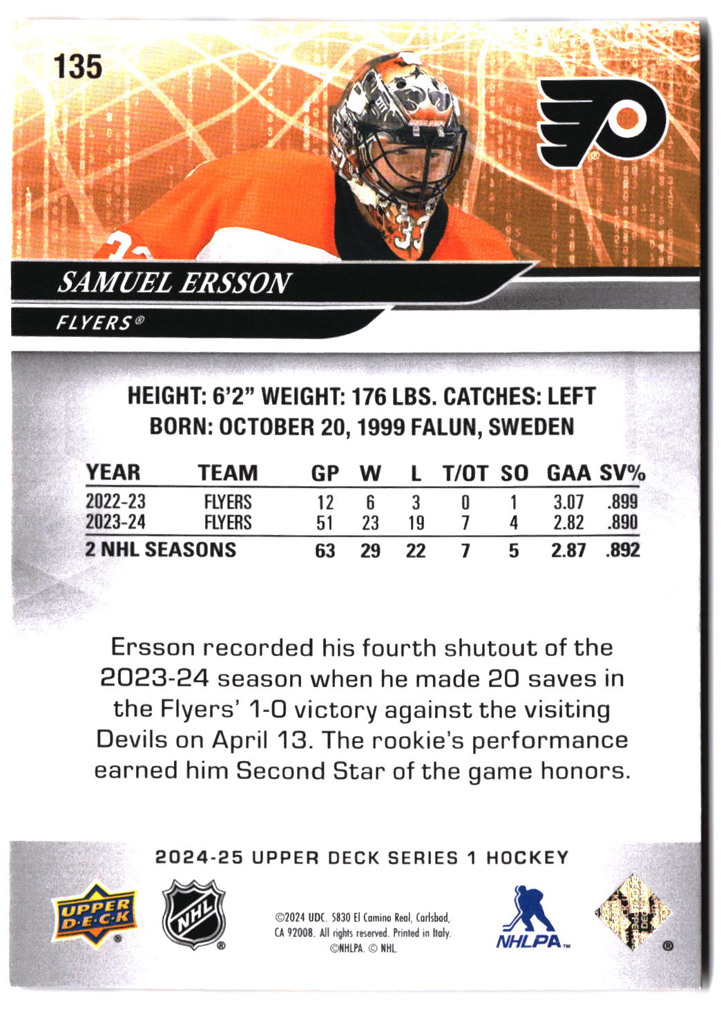 2024-25 Upper Deck #135 Samuel Ersson Silver Foil