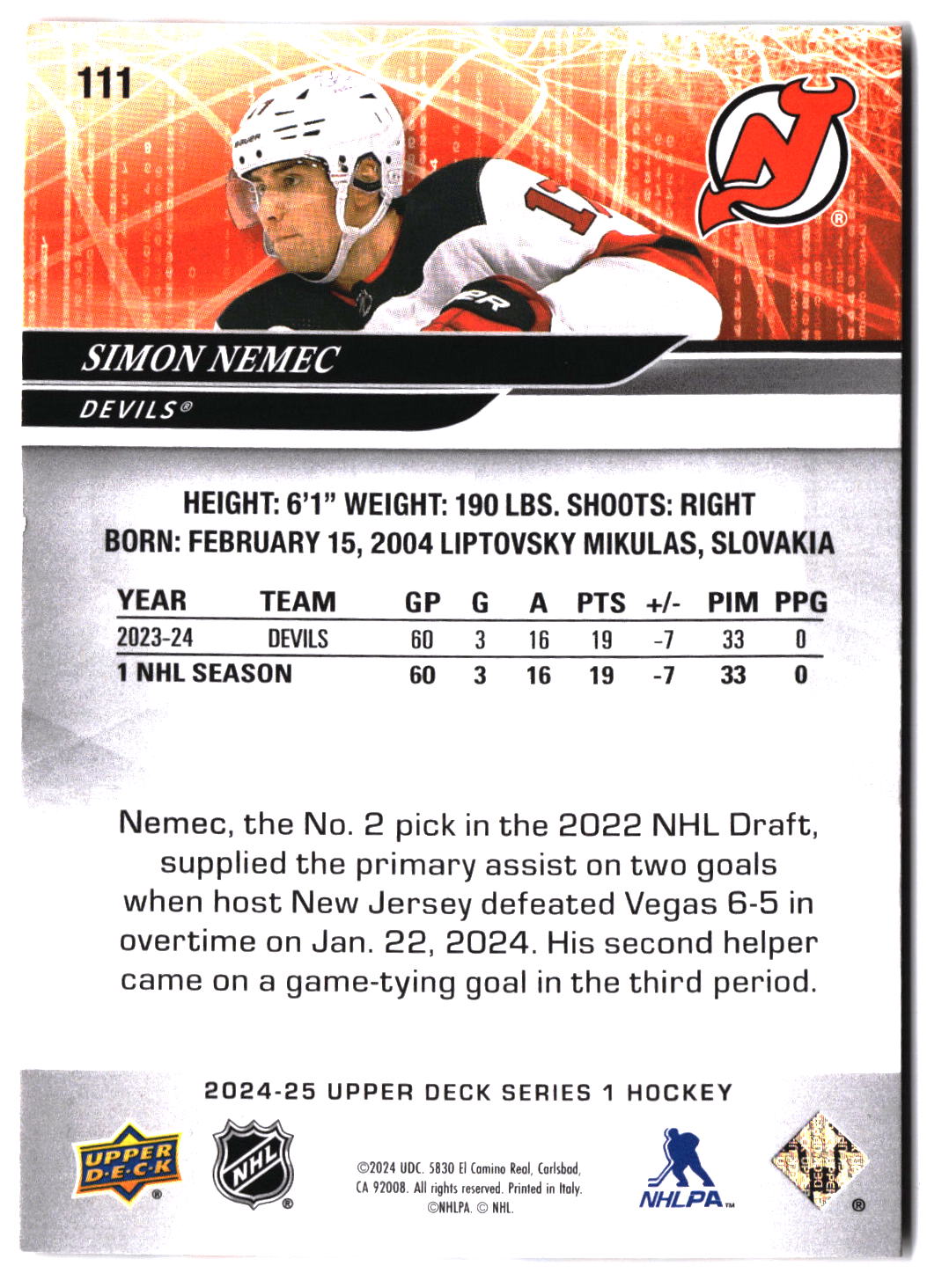 2024-25 Upper Deck #111 Simon Nemec