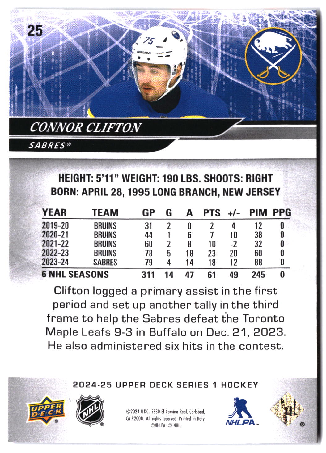 2024-25 Upper Deck #25 Connor Clifton