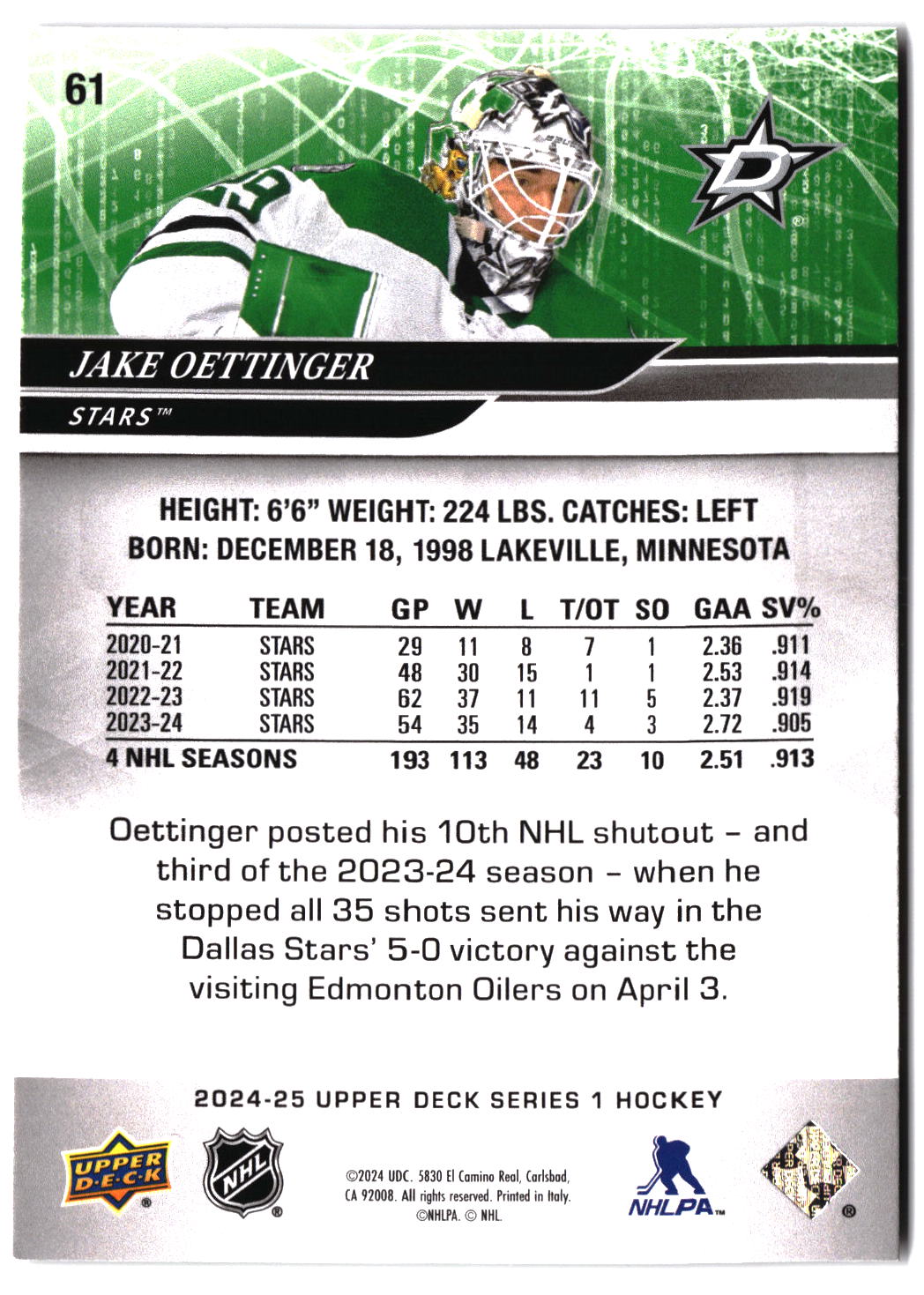 2024-25 Upper Deck #61 Jake Oettinger