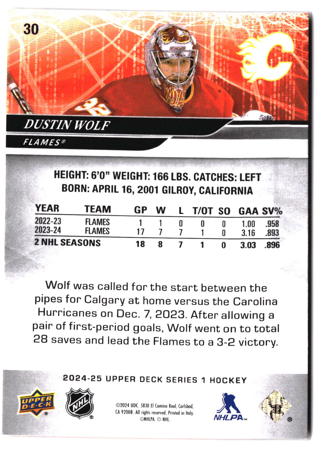2024-25 Upper Deck #30 Dustin Wolf