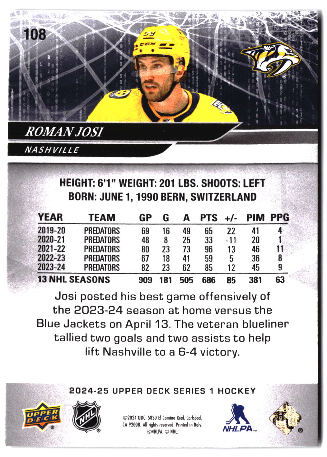 2024-25 Upper Deck #108 Roman Josi