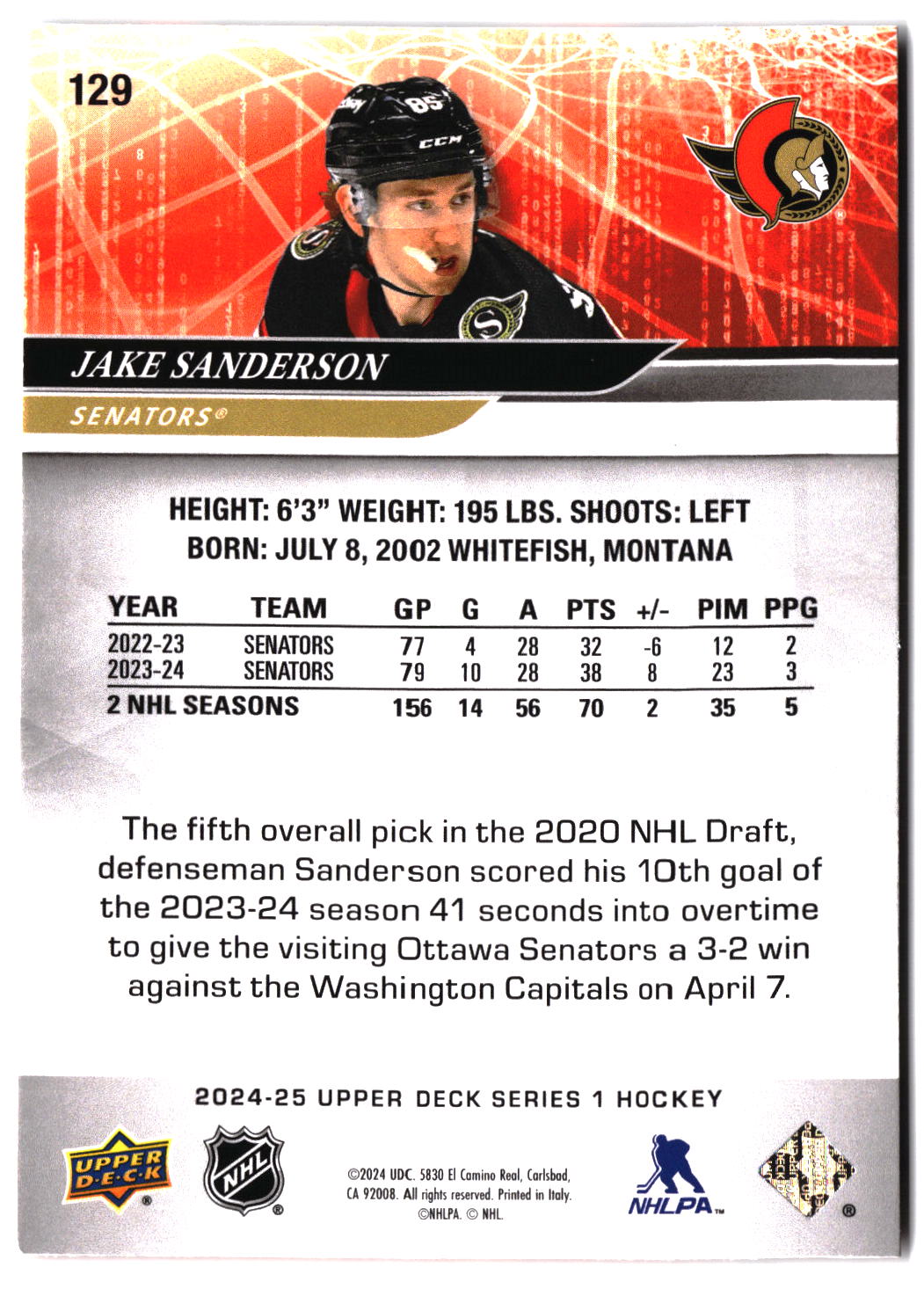 2024-25 Upper Deck #129 Jake Sanderson