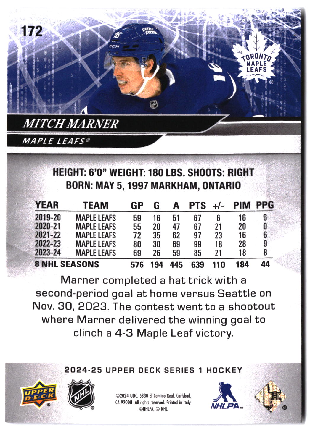 2024-25 Upper Deck #172 Mitch Marner