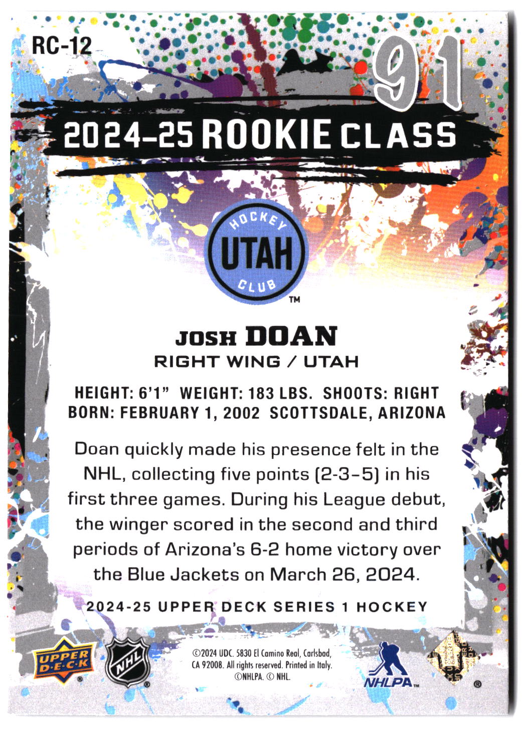 2024-25 Upper Deck #RC-12 Josh Doan 2024-25 Rookie Class