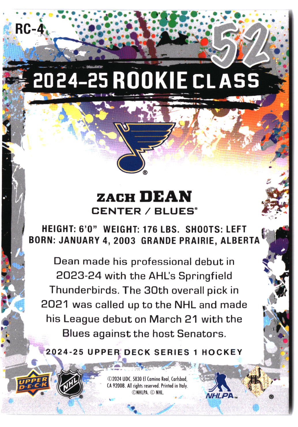 2024-25 Upper Deck #RC-4 Zach Dean 2024-25 Rookie Class